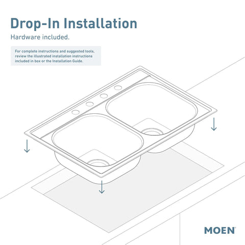 Illustration of 2000 Series 33 Inch 20 Gauge Drop In Double Bowl Stainless Steel Kitchen Sink With Quick Mount installation