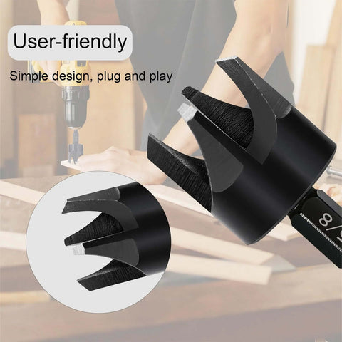 Bromirix 8-piece black wood plug cutter drill bit set with 1/4 in hex shank, angled view