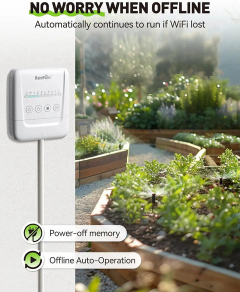 8 Zone Smart Sprinkler Controller With Local Weather Intelligence And WiFi App Control installed in garden by planter boxes.