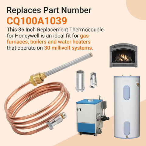 Thermocouple CQ100A1039 for Honeywell boilers; 30-inch copper probe with adapter fittings