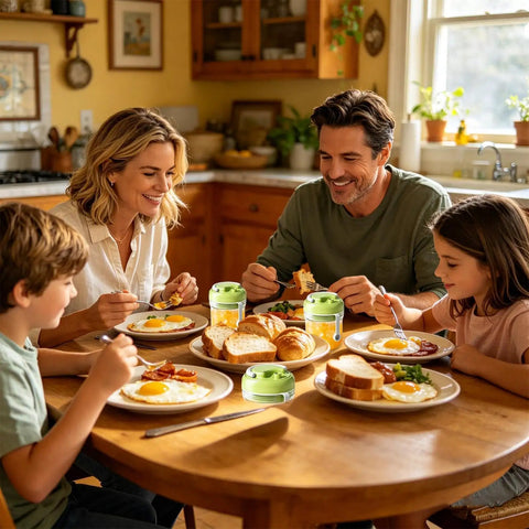 Family breakfast with 2 In 1 Ice Bottle Portable Ice Maker Hydration Gear With Leakproof Seal Travel Friendly on table