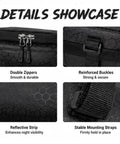 Details showcase of Waterproof Bike Handlebar Bag Front Mount With Dual Zippers Storage Pouch, showing zippers, buckles, reflective strip.