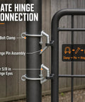 Gate hinge connection with U-bolt clamp and hinge pin assembly for Four Piece Gate Hinge Kit With 1-5/8 Inch Heavy Duty Galvanized U Bolt Clamps For 5/8 Inch Hinge Eyes, Ideal For Farm And Garden Gates, Rust Resistant And Easy Install, Built To Last