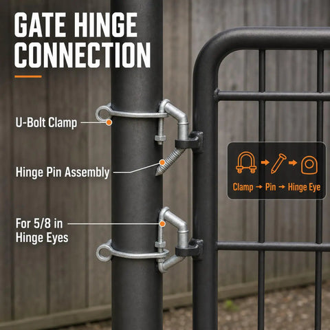 Gate hinge connection with U-bolt clamp and hinge pin assembly for Four Piece Gate Hinge Kit With 1-5/8 Inch Heavy Duty Galvanized U Bolt Clamps For 5/8 Inch Hinge Eyes, Ideal For Farm And Garden Gates, Rust Resistant And Easy Install, Built To Last