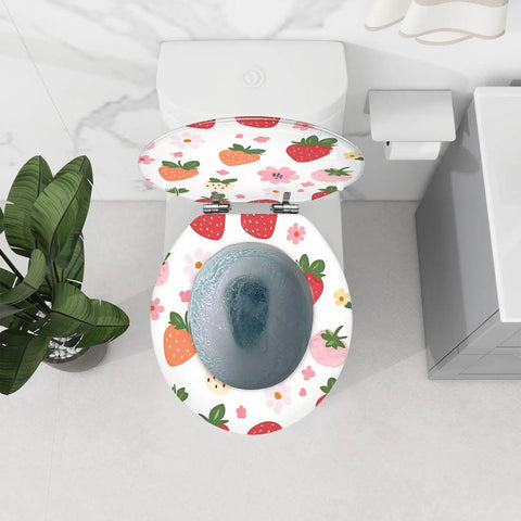 Generic Round Resin Toilet Seat for Bathroom with colorful strawberry design on a white background, measuring 14.5" x 16.5".