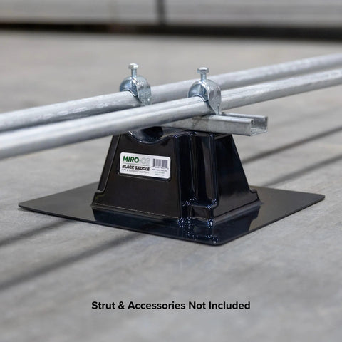 Black saddle rooftop pipe support base with two galvanized pipes secured by clamps; MIRO label visible.