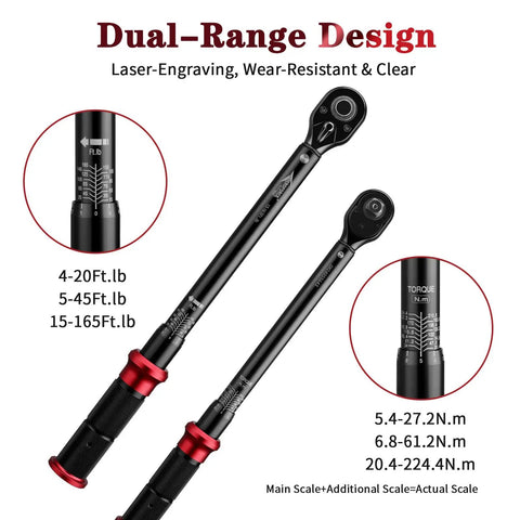 Beefy 3 In 1 Click Torque Wrench Set 1/4, 3/8, 1/2 Inch Drive with dual-range design showing ft-lb and N.m measurements.