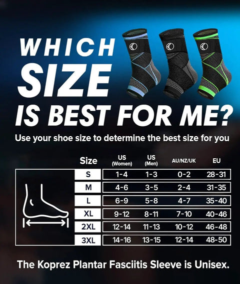 Chart showing size guide for Plantar Fasciitis Relief Ankle Compression Sleeve For Women And Men, with three color variations.