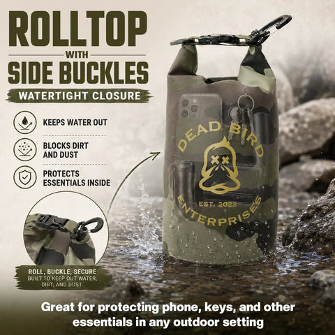 Waterproof 2L Camouflage Dry Bag With Roll Top Closure For Duck Hunting And Outdoor Fun Beach Boating Kayaking Fishing Camping Durable 500D PVC Tarpaulin Shell Pouch displayed in water showcasing watertight closure.