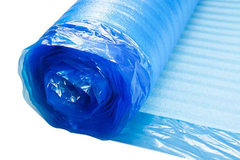 Game Changing 3in1 Vapor Barrier Flooring Underlayment With Pre Attached Tape For Laminate And Engineered Floors On Wood Or Cement Sub Floors Covers 100 Square Feet Quick Lay Down Smooth And Solid Finish roll of blue underlayment showing layered texture.
