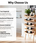 Wood rack holding wine bottles in a room, with text highlighting features like true imperial, hardwood material, groove exterior, exquisite craftsmanship.