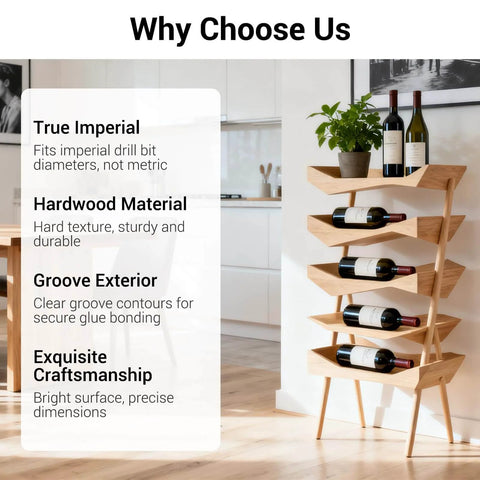 Wood rack holding wine bottles in a room, with text highlighting features like true imperial, hardwood material, groove exterior, exquisite craftsmanship.