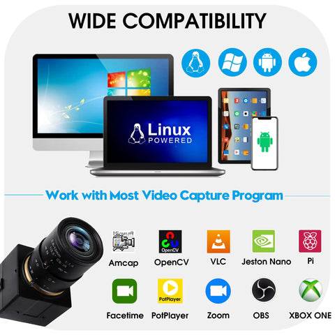 5MP USB Camera With 2.8 To 12mm Zoom Lens For Machine Monitoring And Close Up Work IMX335 shown with compatibility icons.