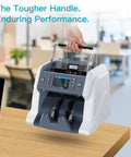 Money Counter Machine For Business With Mixed Denomination And Multi Currency Counting displayed on office desk