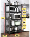 Five-Tier Metal Microwave Storage Rack On Wheels With Side Guardrails, Industrial Style Shelving Unit pictured in a kitchen setting.