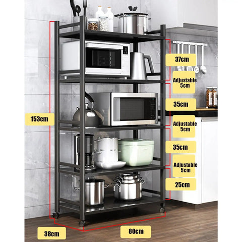 Five-Tier Metal Microwave Storage Rack On Wheels With Side Guardrails, Industrial Style Shelving Unit pictured in a kitchen setting.