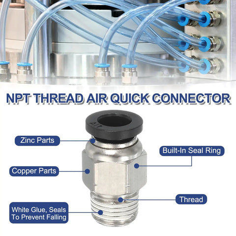 Five Pack Beefy NPT Push To Connect Air Fittings Male Straight 1/4 Inch Tube OD To 1/4 Inch NPT Thread Quick Connector Adapters For Gas Hoses And Pneumatic Tools Black