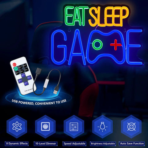 Neon Sign Wall Decor For Gamer Bedroom And Game Room Mood Lighting With Multicolor Silicone Strips Blue LED Neon Light Easy To Install Durable Acrylic Safe Touch No Glass Glow At Night For A Lit Vibe, remote showing features