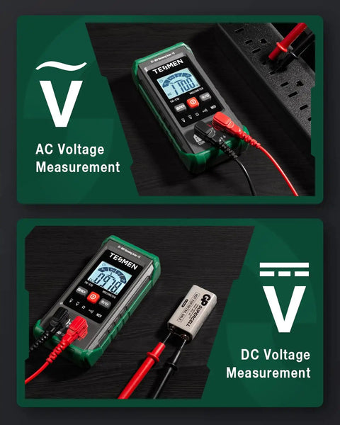 Smart Auto Range Digital Multimeter 4000 Counts measuring AC and DC voltage with display and leads, green case.