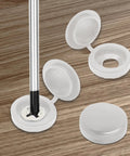 200 Pack White Hinged Screw Cover Caps made from durable plastic with snap on foldable design, showing caps open and closed on a wooden surface.