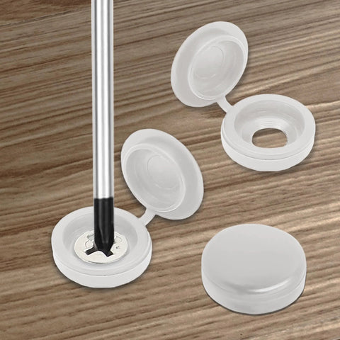 200 Pack White Hinged Screw Cover Caps made from durable plastic with snap on foldable design, showing caps open and closed on a wooden surface.