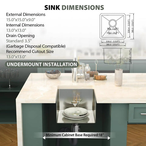 Diagram showing the dimensions and installation of 15 by 17 inch undermount bar sink made for RVs and home kitchens, 16 gauge T304 stainless steel.