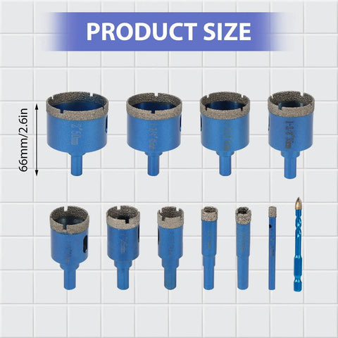 Built Like A Tank Heavy Duty Diamond Hole Saw Set With Razor Sharp Pilot Drill Bit For Porcelain Ceramic Tile Granite Marble And Brick An Eleven Piece Kit Ranging From One Quarter To Two Inches - Eleven diamond hole saws with sizes marked.