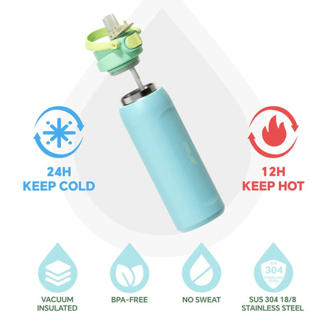 24 Oz Insulated Stainless Steel Water Bottle With Straw Sky Blue showing BPA-free design and vacuum insulation for 24 hours cold.