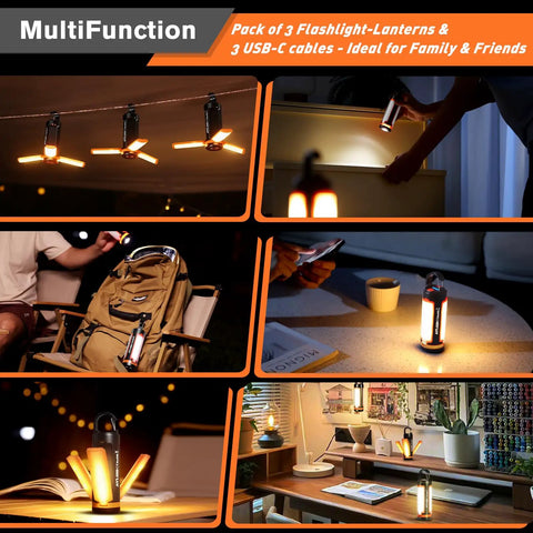 Portable USB Rechargeable Camping Lanterns in use as hanging lights, on a table, in a backpack, showcasing versatility, 3-pack