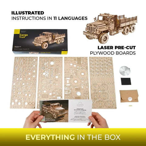 Cargo Truck 3D Puzzle Kit For Adults With Spring Powered Mechanics, Realistic Wooden Model Truck Build Featuring Three Axles And Differentials, Brain Teaser Hobby Set For Makers And Auto Enthusiasts, laser-cut plywood parts