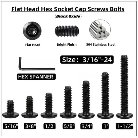 Tough As Nails 304 Stainless Steel Flat Head Hex Socket Cap Screws, 3/16 X 3/4 Inch, 50 Pack Black Oxide Finish displayed with hex spanner.