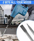 Blue demolition jack hammer with 2 hex 1-1/8 in concrete chisels (point and flat)