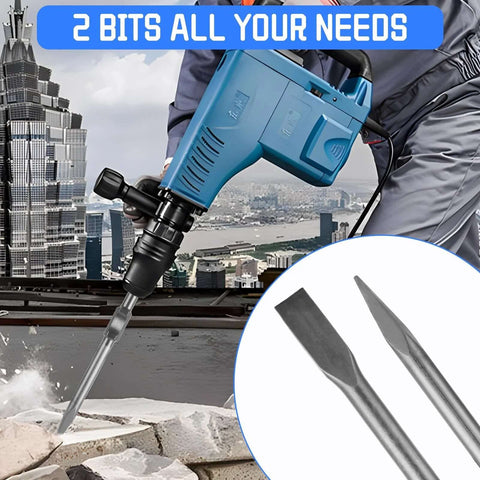 Blue demolition jack hammer with 2 hex 1-1/8 in concrete chisels (point and flat)