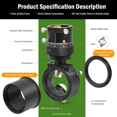 Diagram of Off Axis Guider With Microfocus Dual Helical Focuser Aluminum Telescope Accessory featuring components and adapters