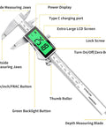 Diagram of 6 Inch Digital Caliper With Large Backlit LCD Display, Stainless Steel Vernier Calipers Tool, USB C Rechargeable.