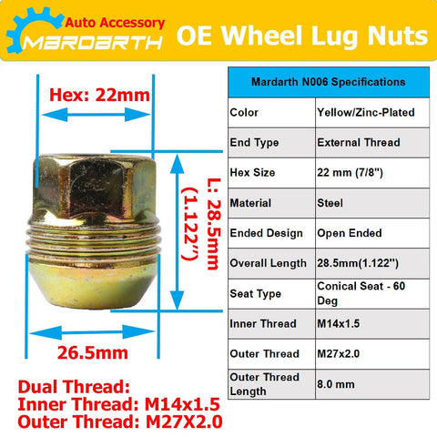 Diagram of 24 Pack 14mm X 1.5 OEM Bulge Seat Acorn Lug Nuts For 6 Lug GM Trucks with specifications and measurements