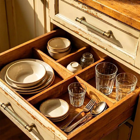 Open drawer with vintage plates and glasses, featuring Six Pack Stripes Cabinet Pulls Antique Brass for Kitchen Cabinets and Dressers
