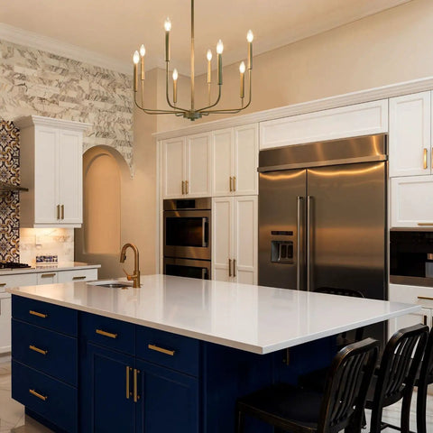 Dope Antique Gold Chandelier Modern Farmhouse Light Fixture With Eight Arms And Adjustable Height in elegant kitchen setting