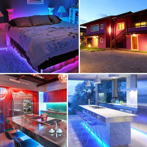 Battery Powered RGB LED Strip Lights 13.2ft With Three Button Controller Mode Speed Color Color Changing Flexible Lighting in bedroom, kitchen, and exterior view