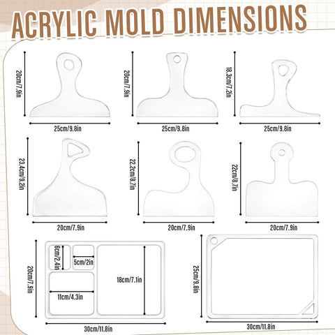 Acrylic mold dimensions for All In One Router Template Kit For DIY Woodworking with charcuterie board handle guides, tray edge templates.