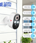 1080P Wireless Outdoor Security Camera With Battery Power AI Human Detection Color Night Vision Two Way Audio IP65 Weatherproof 2 4G WiFi Cloud Storage Dual Spotlights mounted on wall.