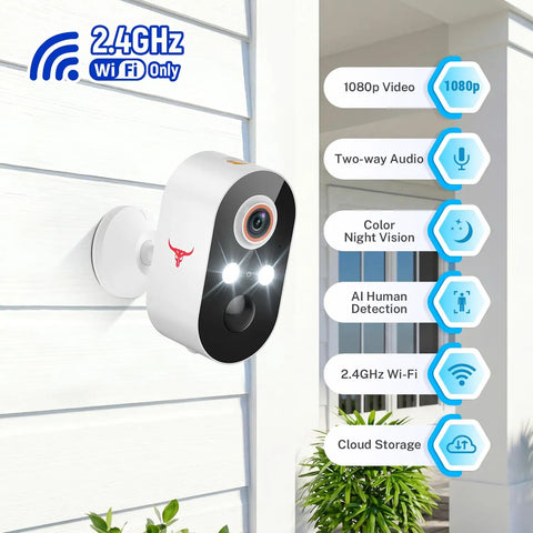 1080P Wireless Outdoor Security Camera With Battery Power AI Human Detection Color Night Vision Two Way Audio IP65 Weatherproof 2 4G WiFi Cloud Storage Dual Spotlights mounted on wall.
