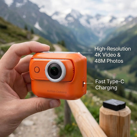 Hand holding 4K Magnetic Action Camera With 48MP Sensor Dual Battery, orange, in mountain setting with charging feature details visible.