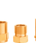 Three brass welding gas fittings: left female adapter, center male threaded adapter, right barbed hose fitting.