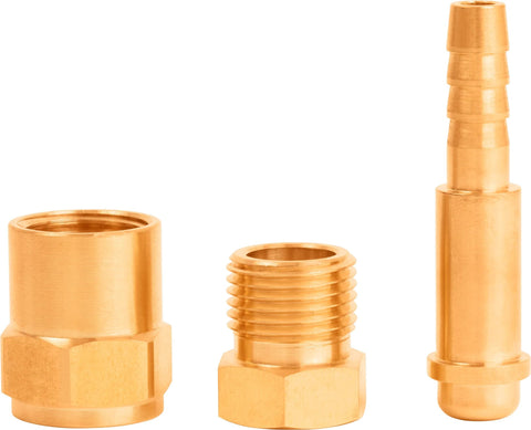 Three brass welding gas fittings: left female adapter, center male threaded adapter, right barbed hose fitting.
