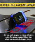 Digital Angle Gauge And Level With Color Indicators on saw blade, turns blue at custom angle, showing backlit display with magnetic base