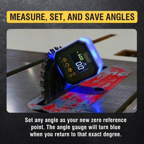 Digital Angle Gauge And Level With Color Indicators on saw blade, turns blue at custom angle, showing backlit display with magnetic base