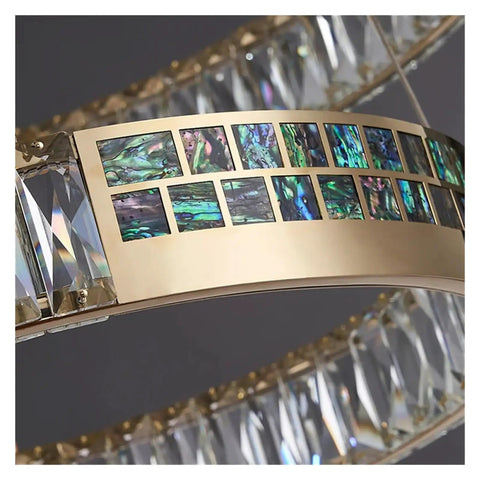 Close-up of Crystal Hanging Pendant LED Lights Luxury Round Rings Chandelier Lamp with colorful inlay design for home decor.