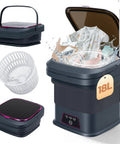 No Sweat Portable Washing Machine 18 Liter Foldable Mini Laundry Tub with quick spin basket and clothes getting washed.