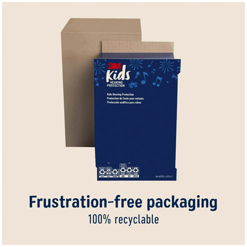Kids Hearing Protection Plus With Adjustable Headband 22dB NRR packaging, recyclable box and frustration-free design